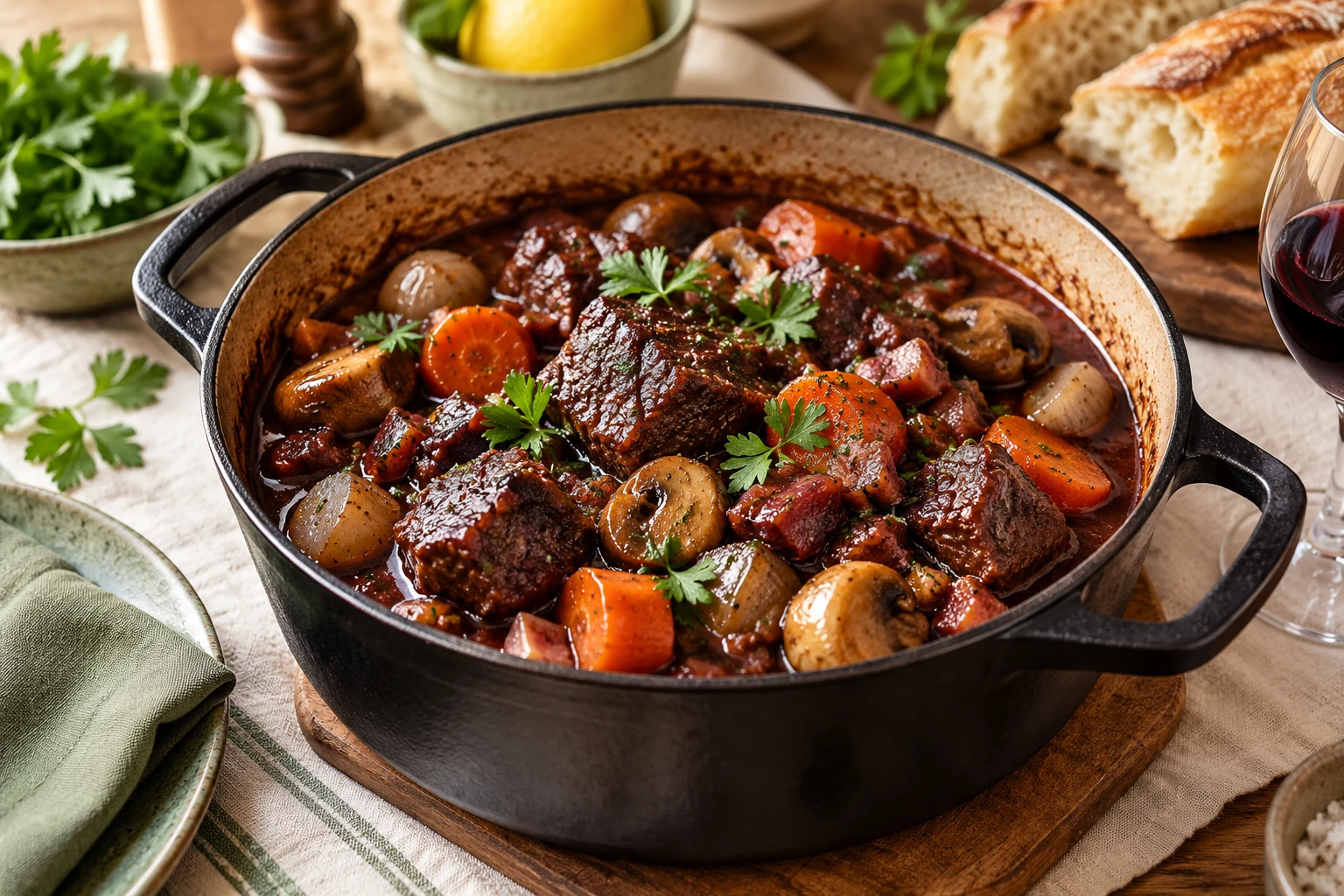 Bœuf bourguignon mijoté : plat terminé