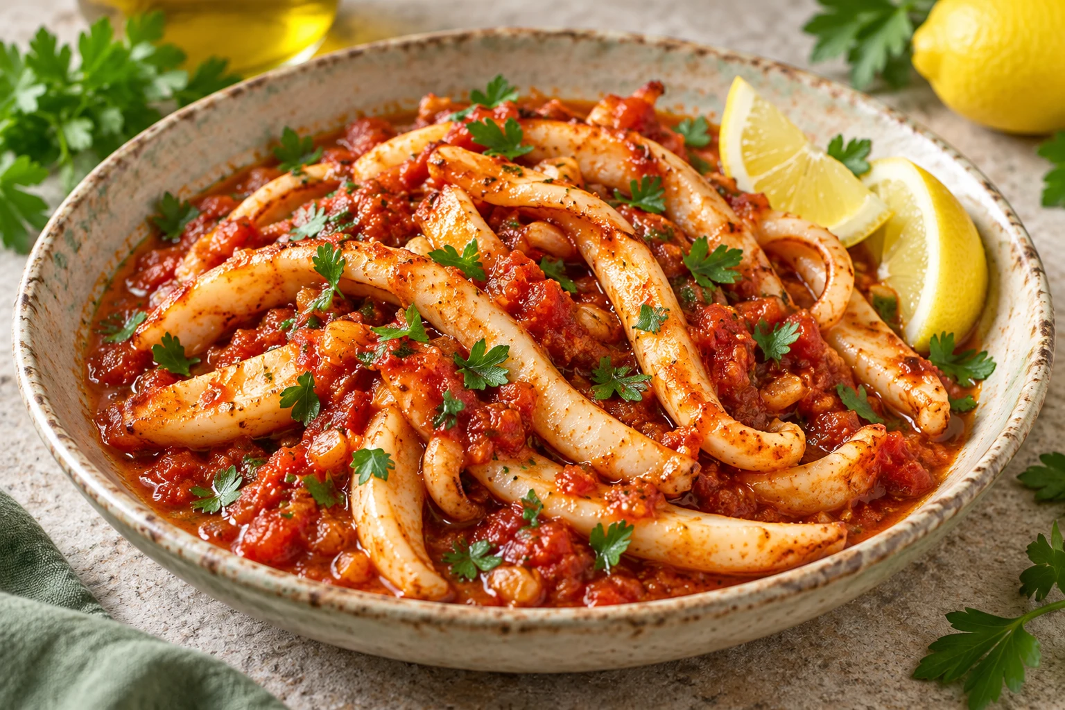 Lamelles de calamars à la tomate : plat terminé