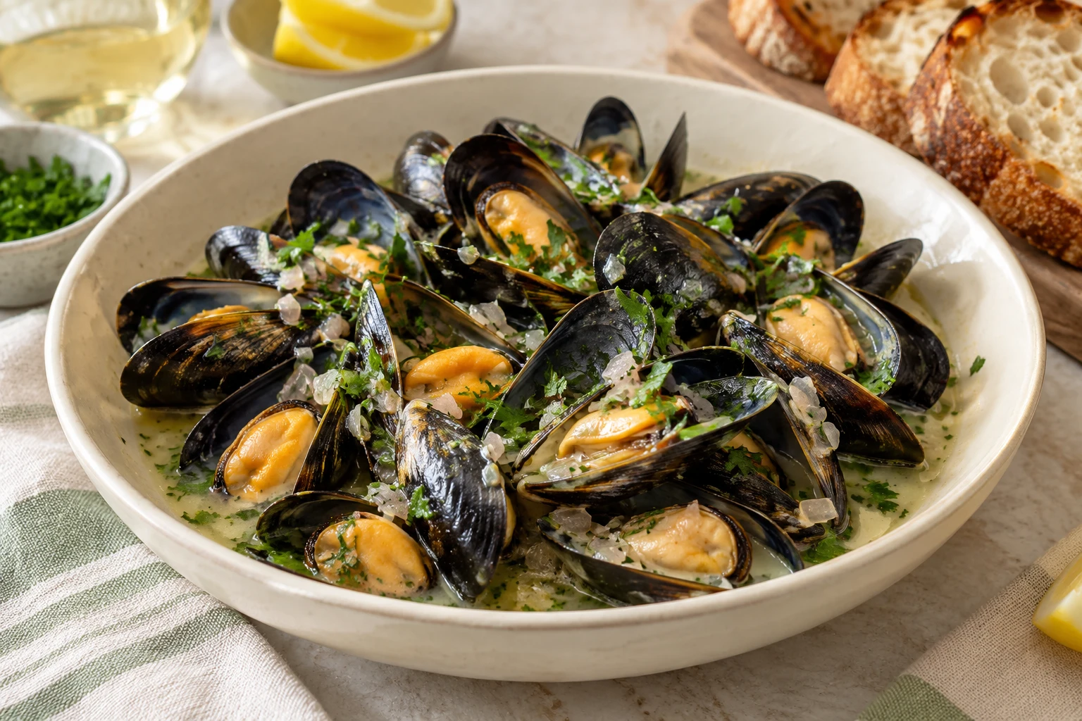 Moules marinières au vin blanc : plat terminé