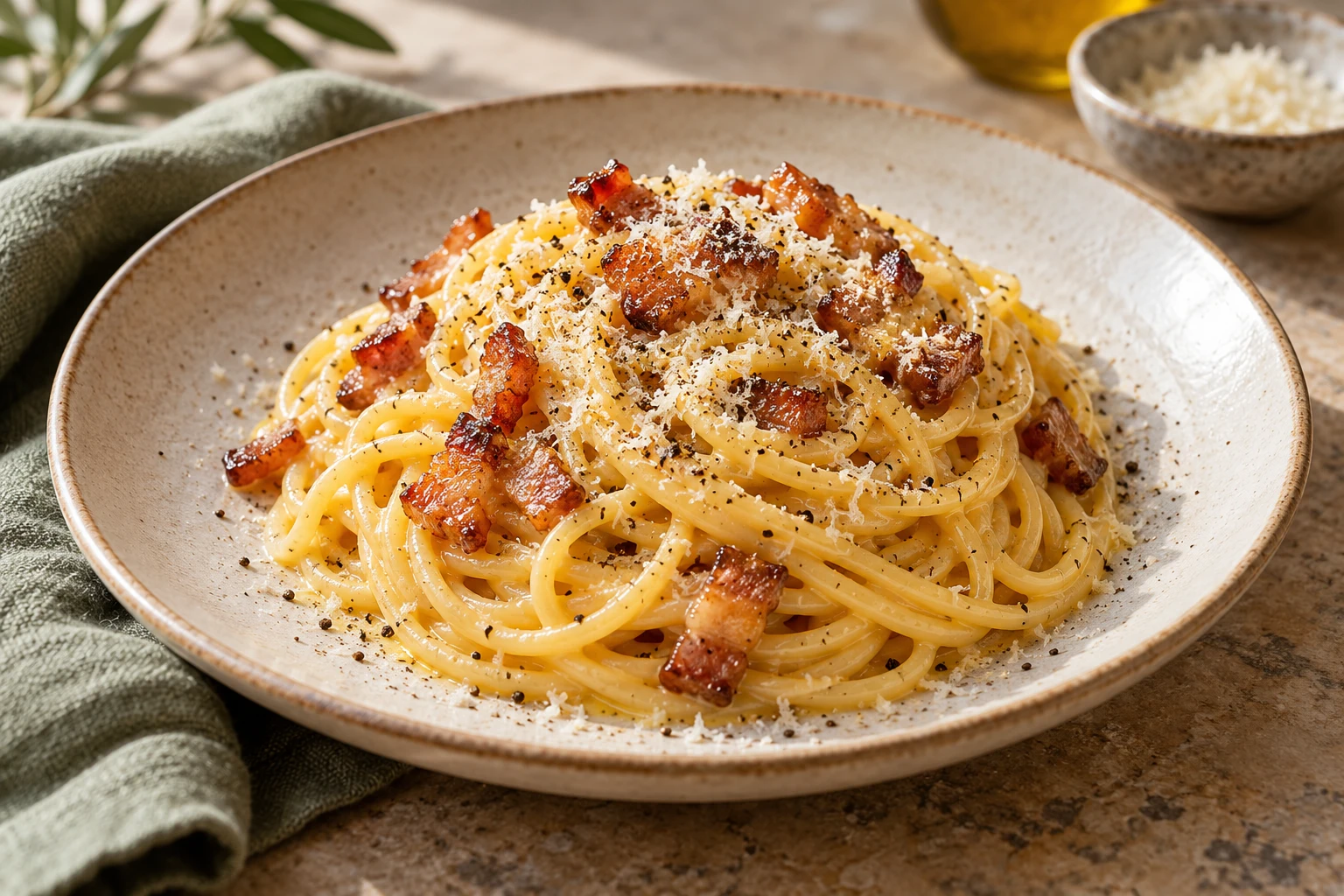 Spaghetti carbonara au guanciale : plat terminé