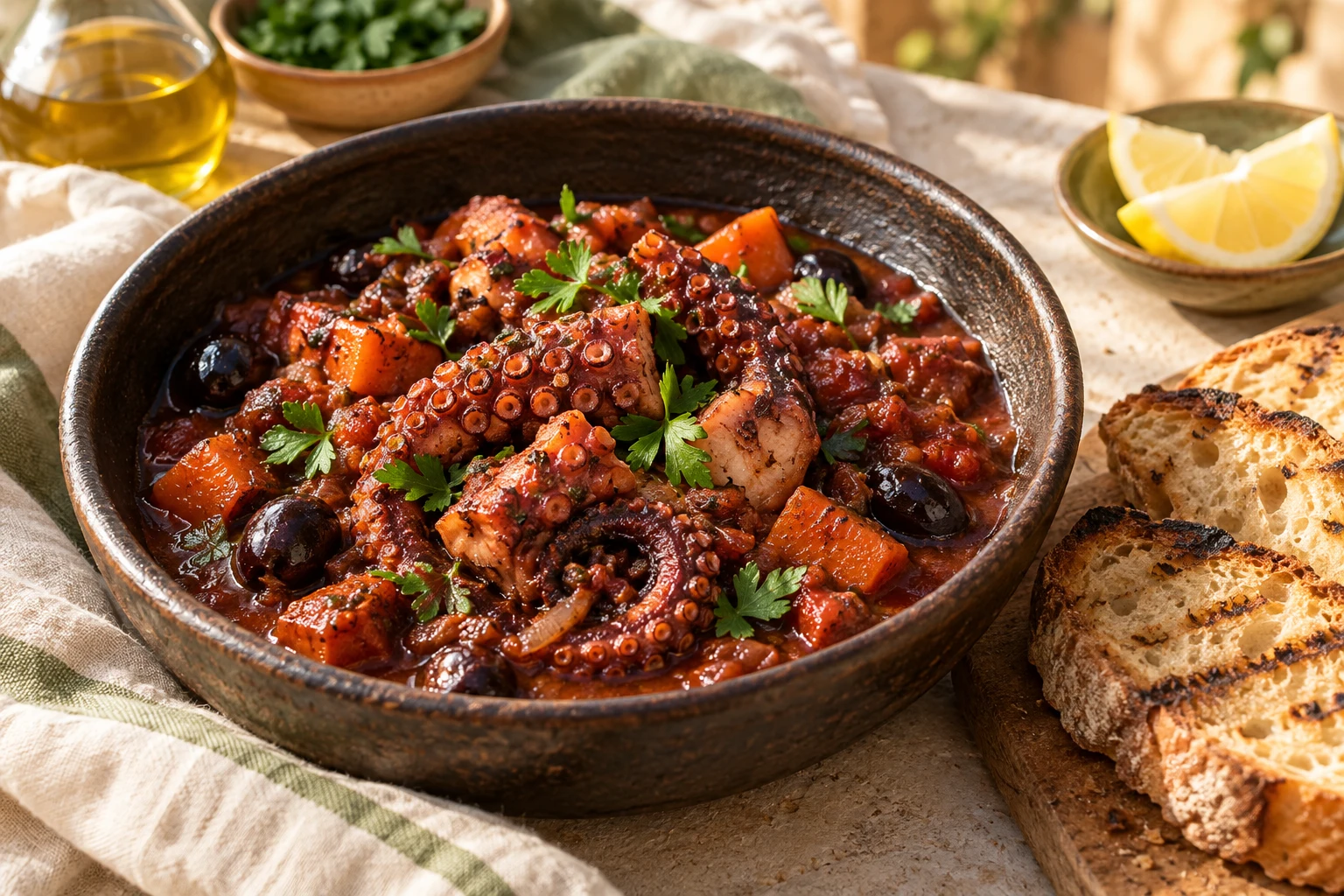 Daube de poulpe au vin rouge : plat terminé
