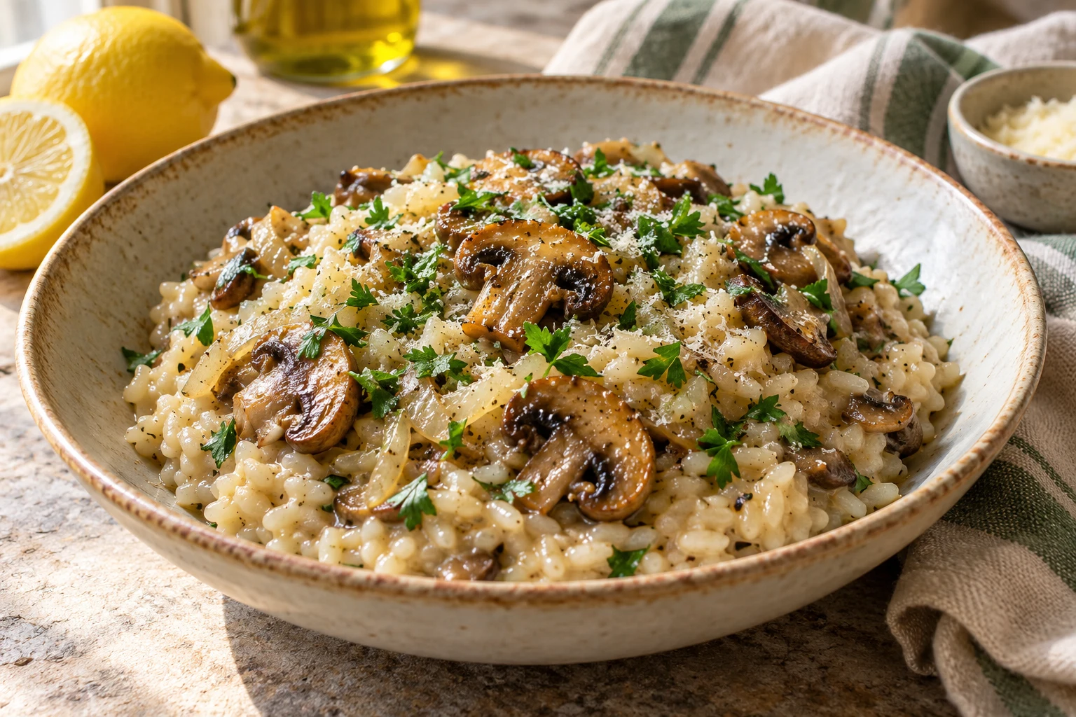 Riz fondant oignons-champignons : plat terminé