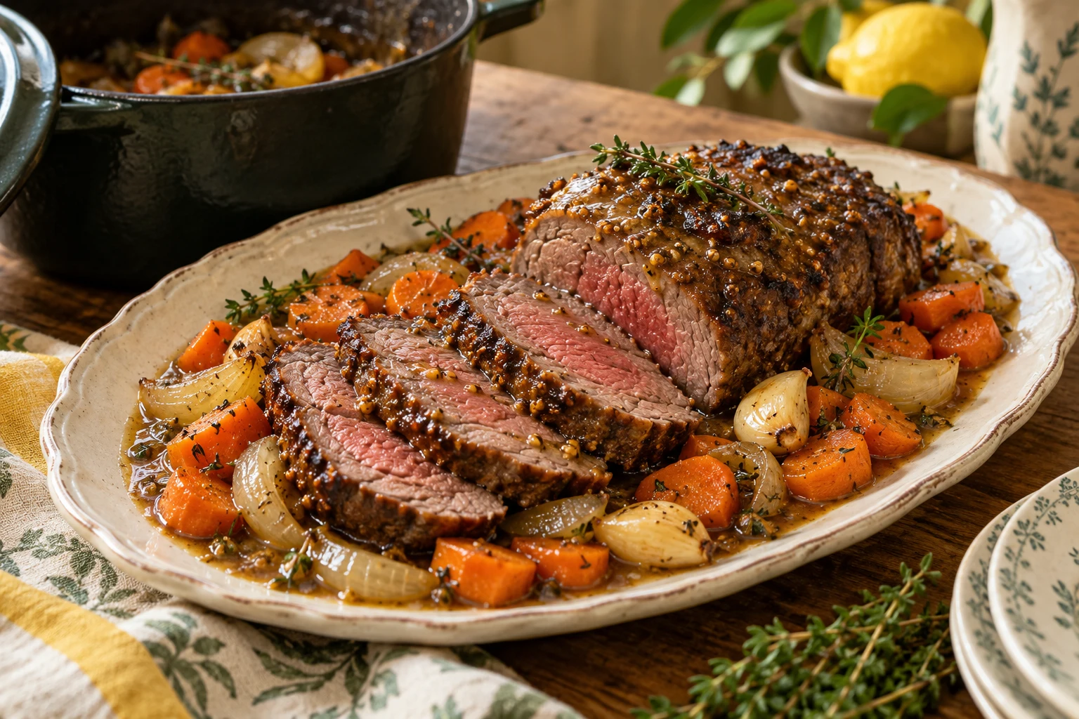 Rôti de bœuf en cocotte : plat terminé