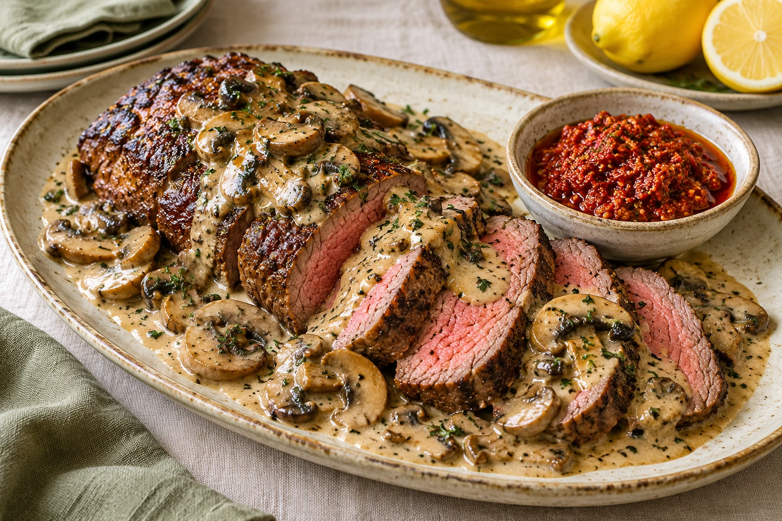 Rôti de bœuf, champignons et pesto rouge : plat terminé