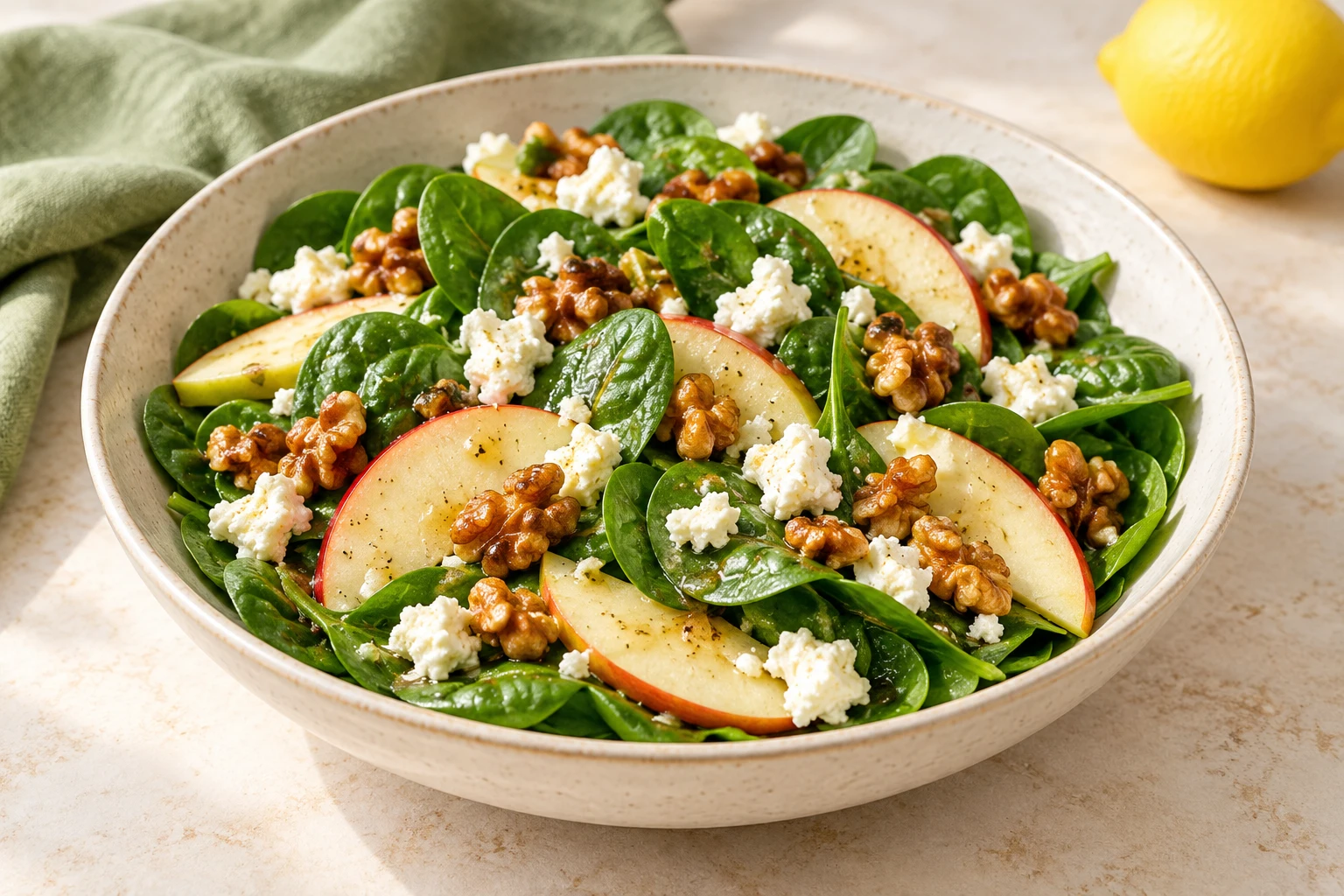 Salade d’épinards, pomme et chèvre : plat terminé