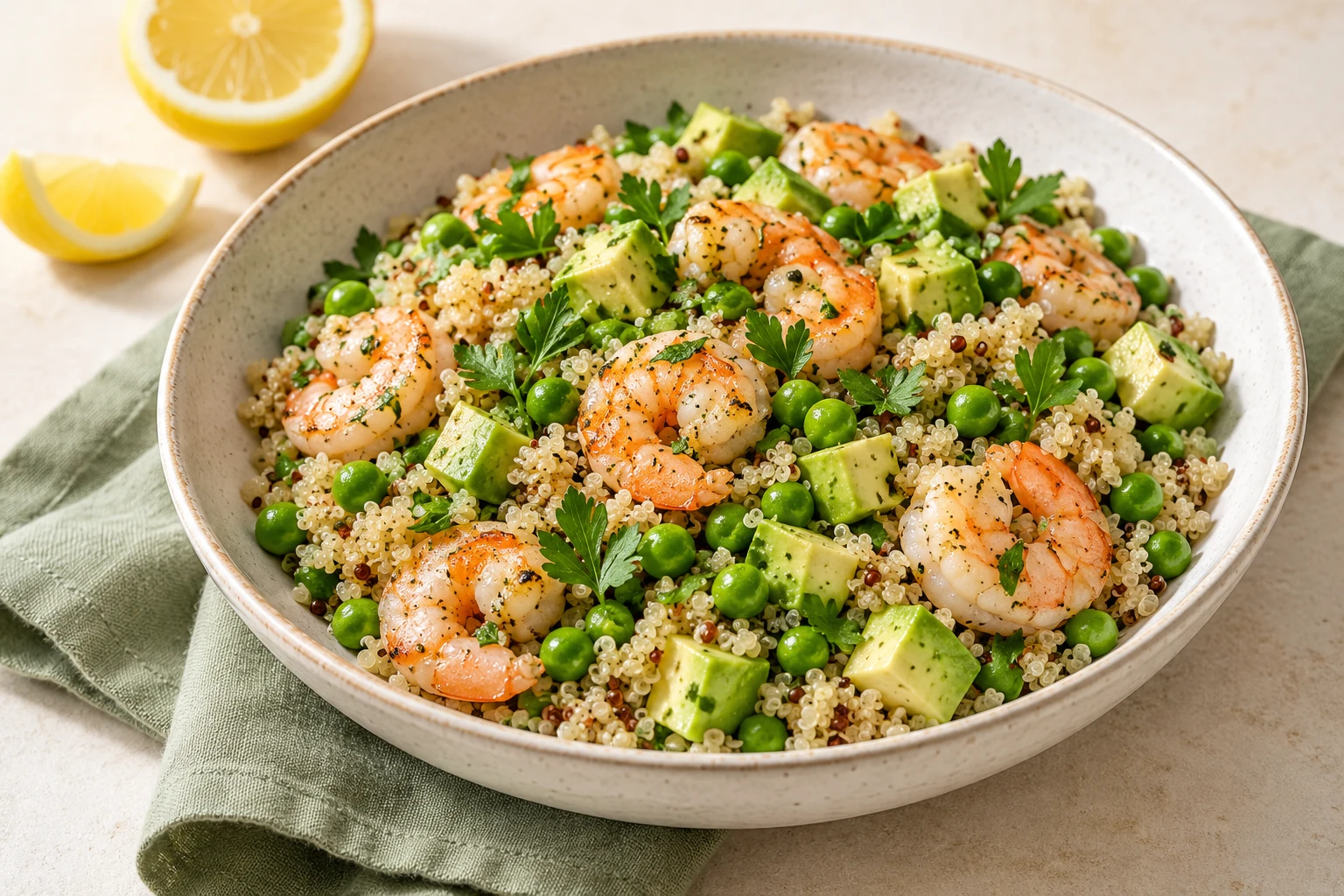 Salade de quinoa aux crevettes et avocat : plat terminé