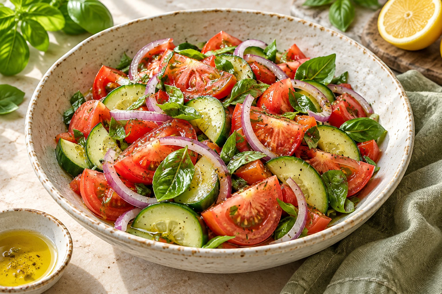 Salade tomate-concombre au basilic : plat terminé