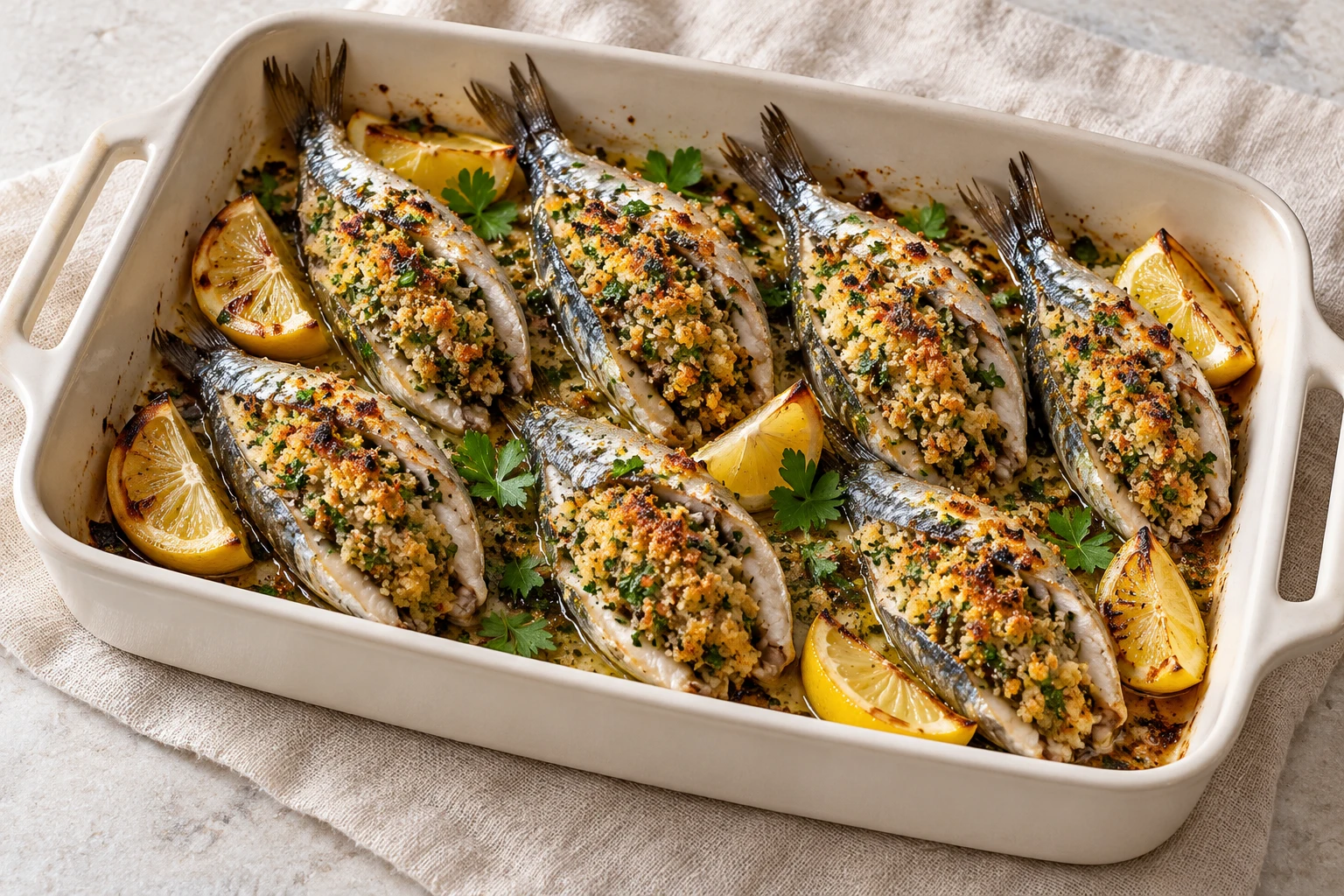 Sardines farcies aux herbes et au citron : plat terminé