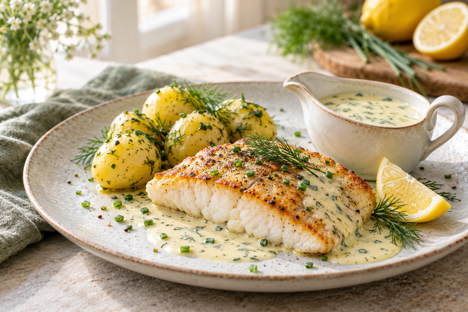 Sauce crémeuse citronnée pour poisson : plat terminé