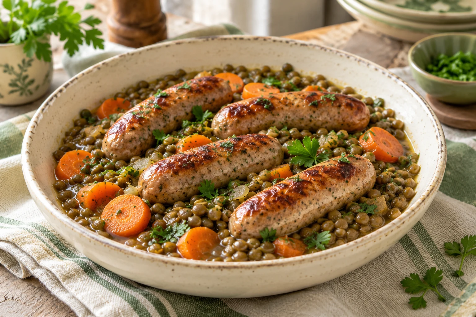 Saucisses aux lentilles sous pression : plat terminé