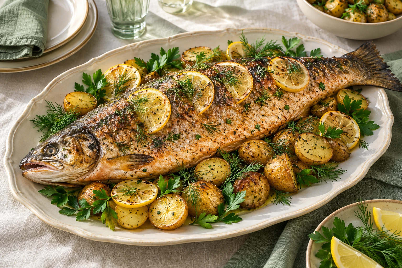 Saumon entier rôti au four : plat terminé