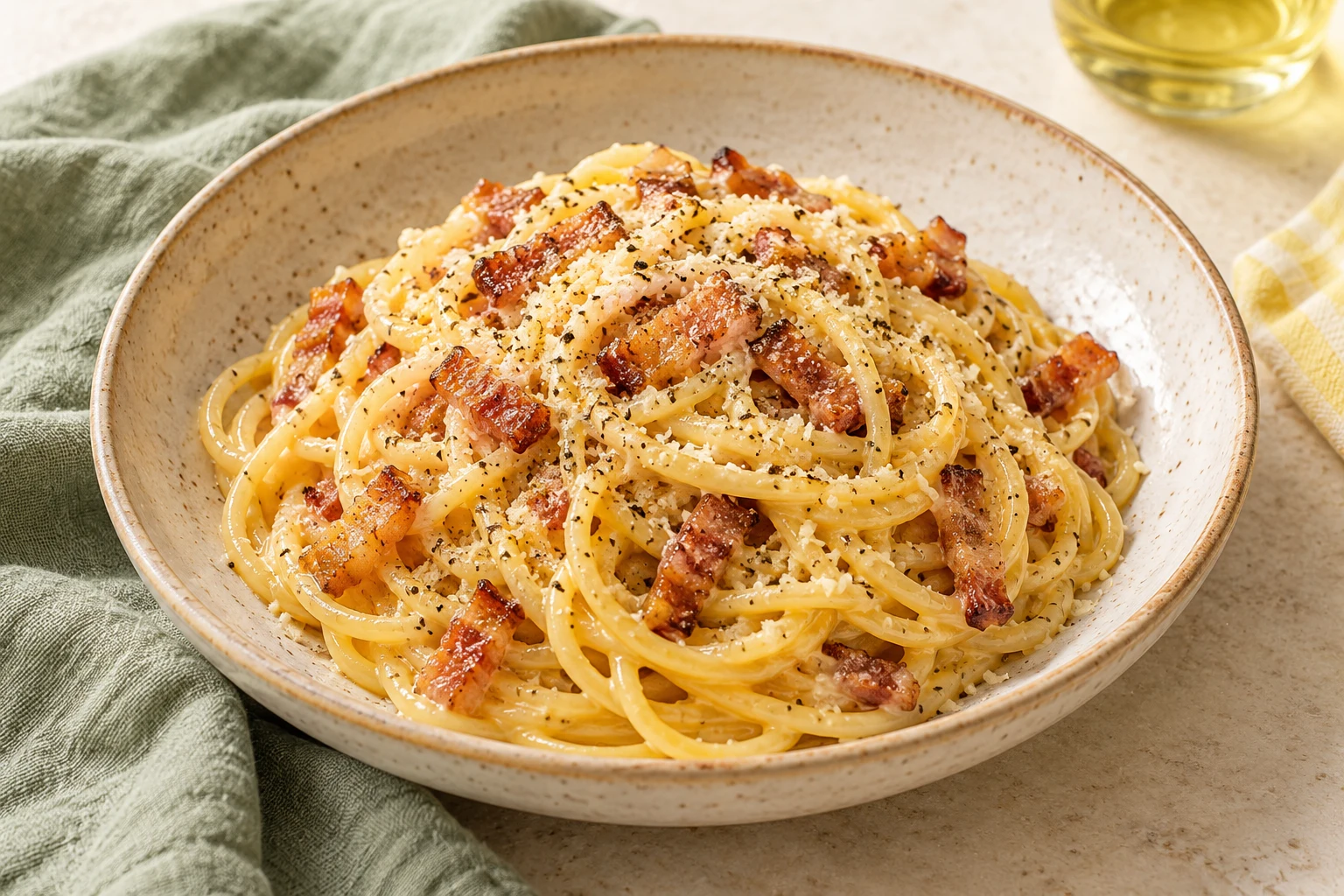 Spaghettis carbonara sans crème : plat terminé