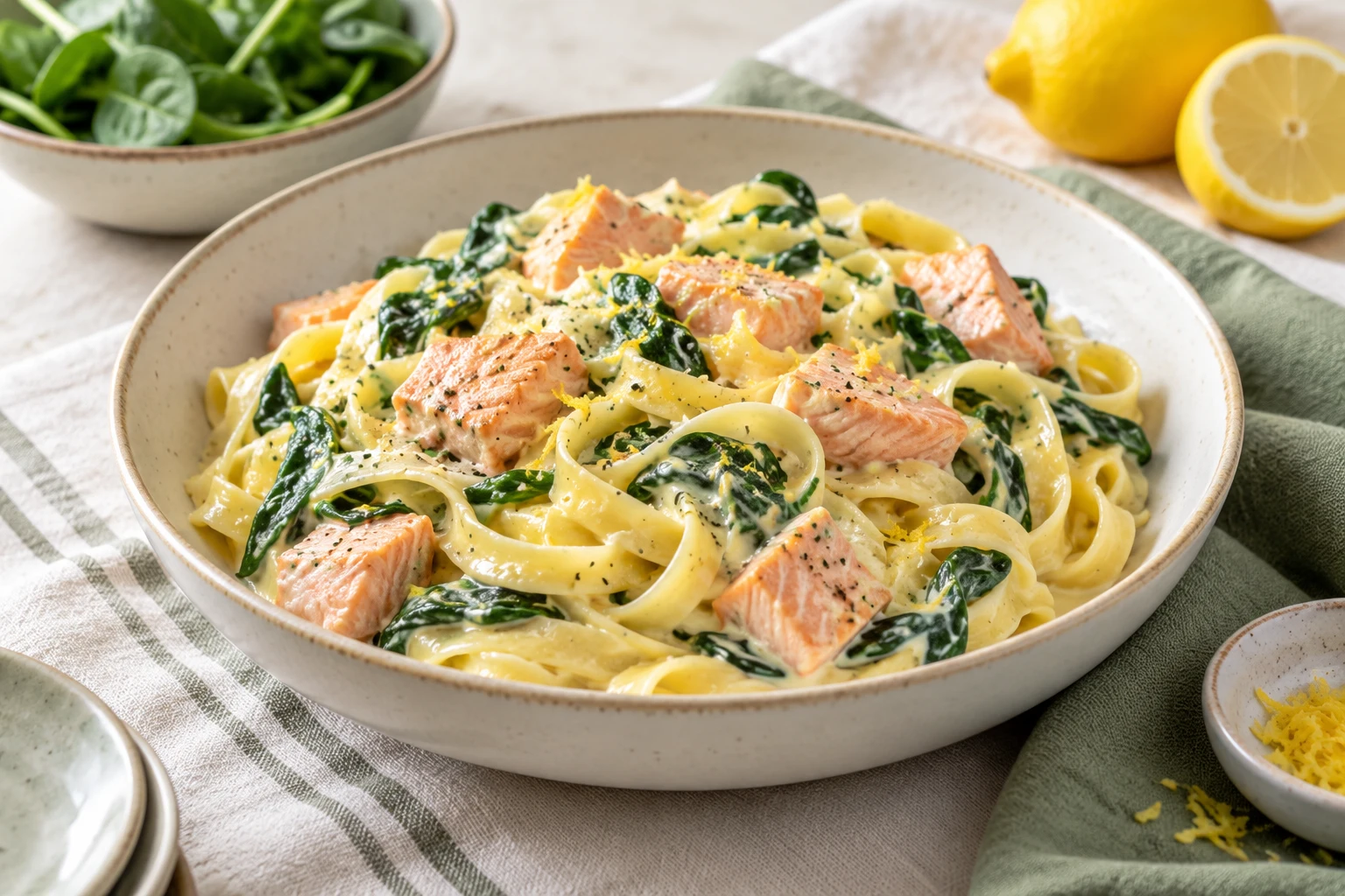 Tagliatelles saumon-épinards : plat terminé