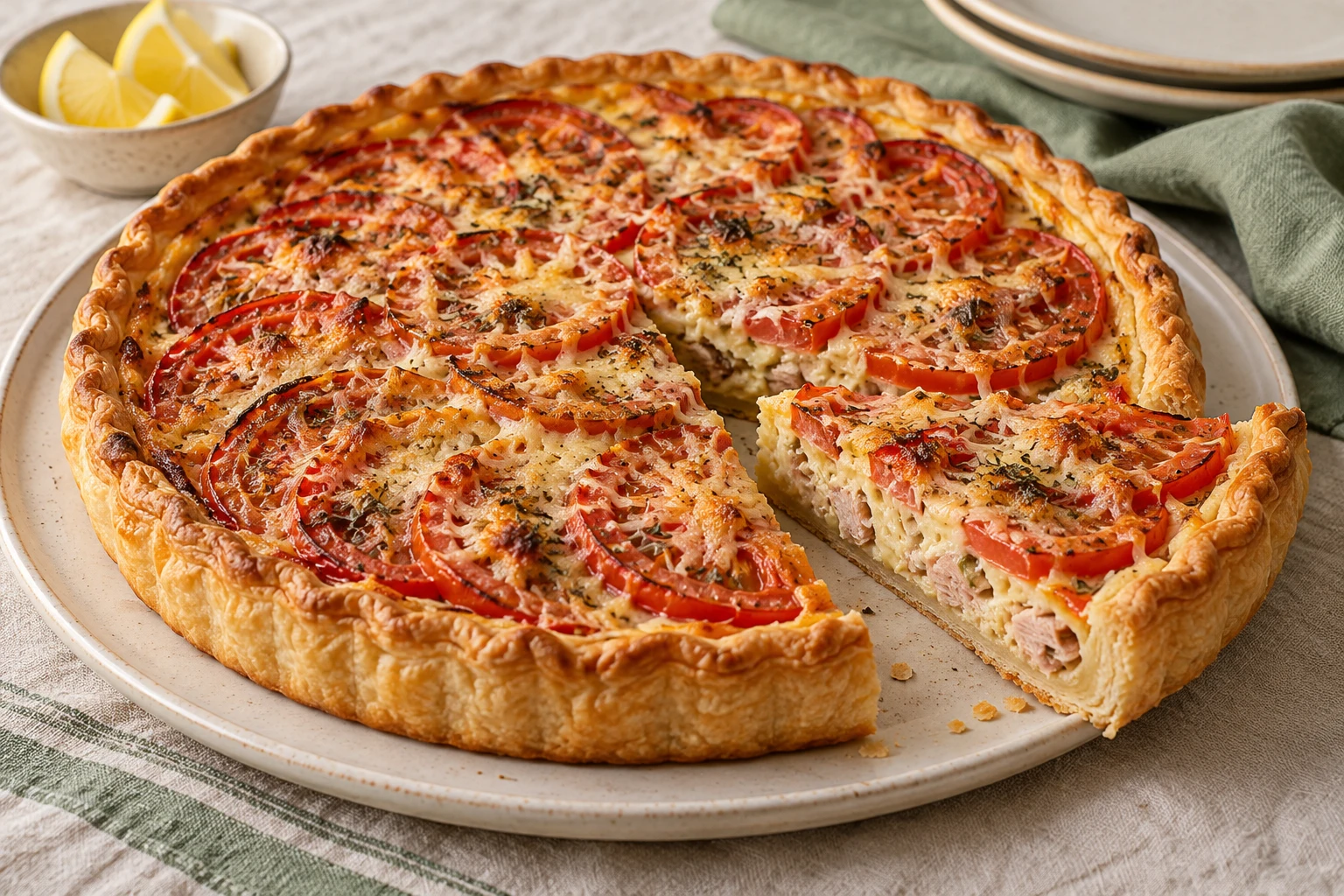 Tarte au thon, tomate et moutarde : plat terminé