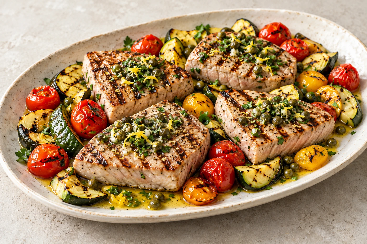 Thon grillé, marinade méditerranéenne : plat terminé