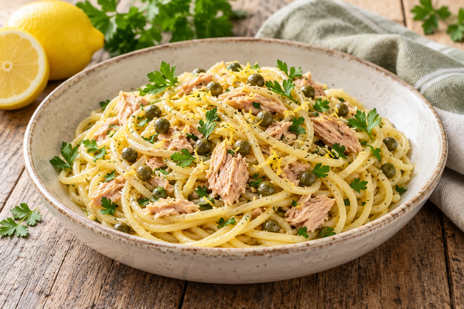 Pâtes au thon, citron et câpres : plat terminé