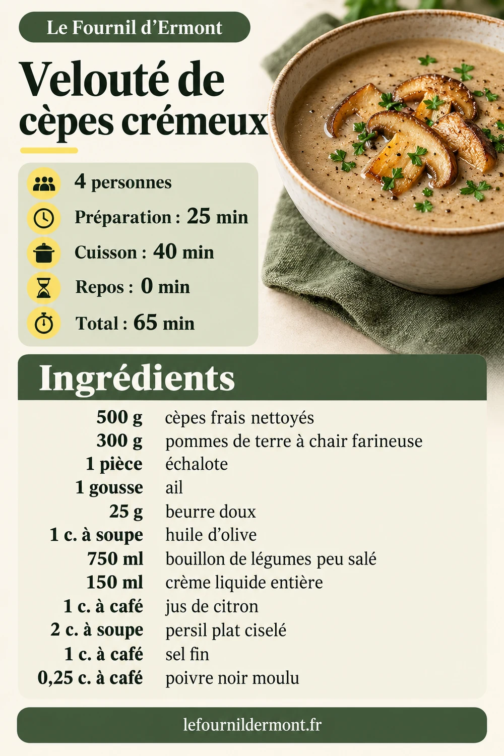 Fiche Pinterest : Velouté de cèpes crémeux