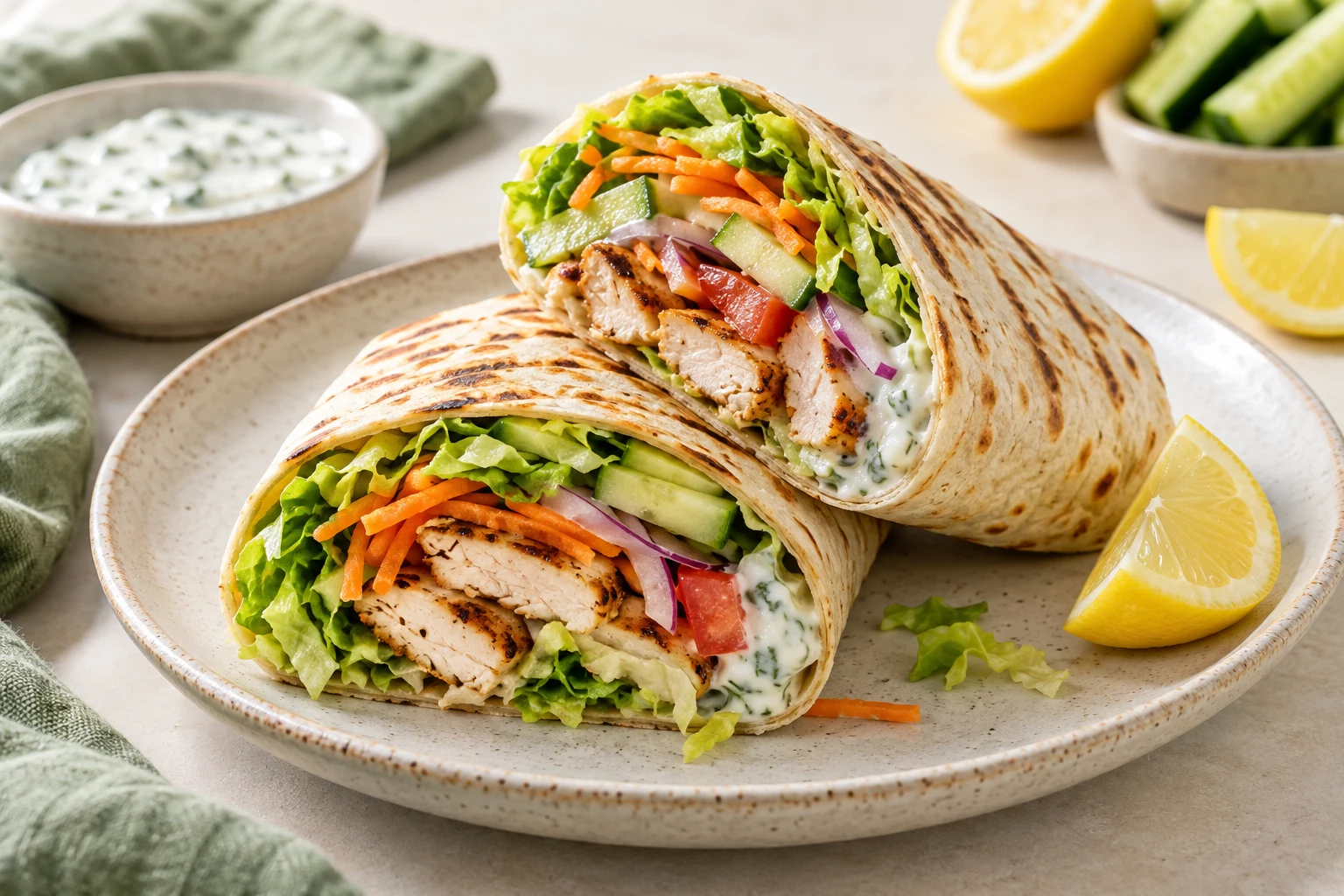 Wrap léger au poulet et crudités : plat terminé