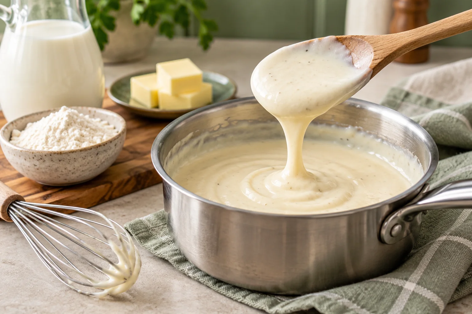 Béchamel lisse et nappante dans une petite casserole, avec une cuillère en bois