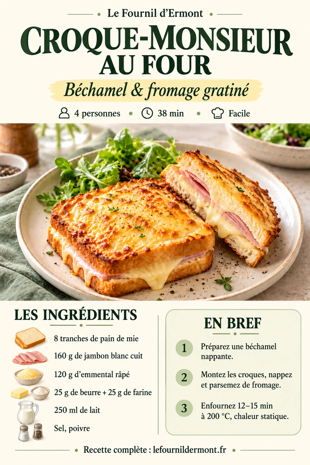 Fiche du croque-monsieur au four pour 4 personnes : ingrédients, cuisson et temps total de 38 minutes