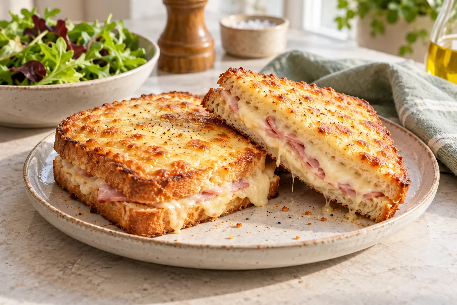 Croque-monsieur doré au fromage, coupé pour montrer la garniture de jambon