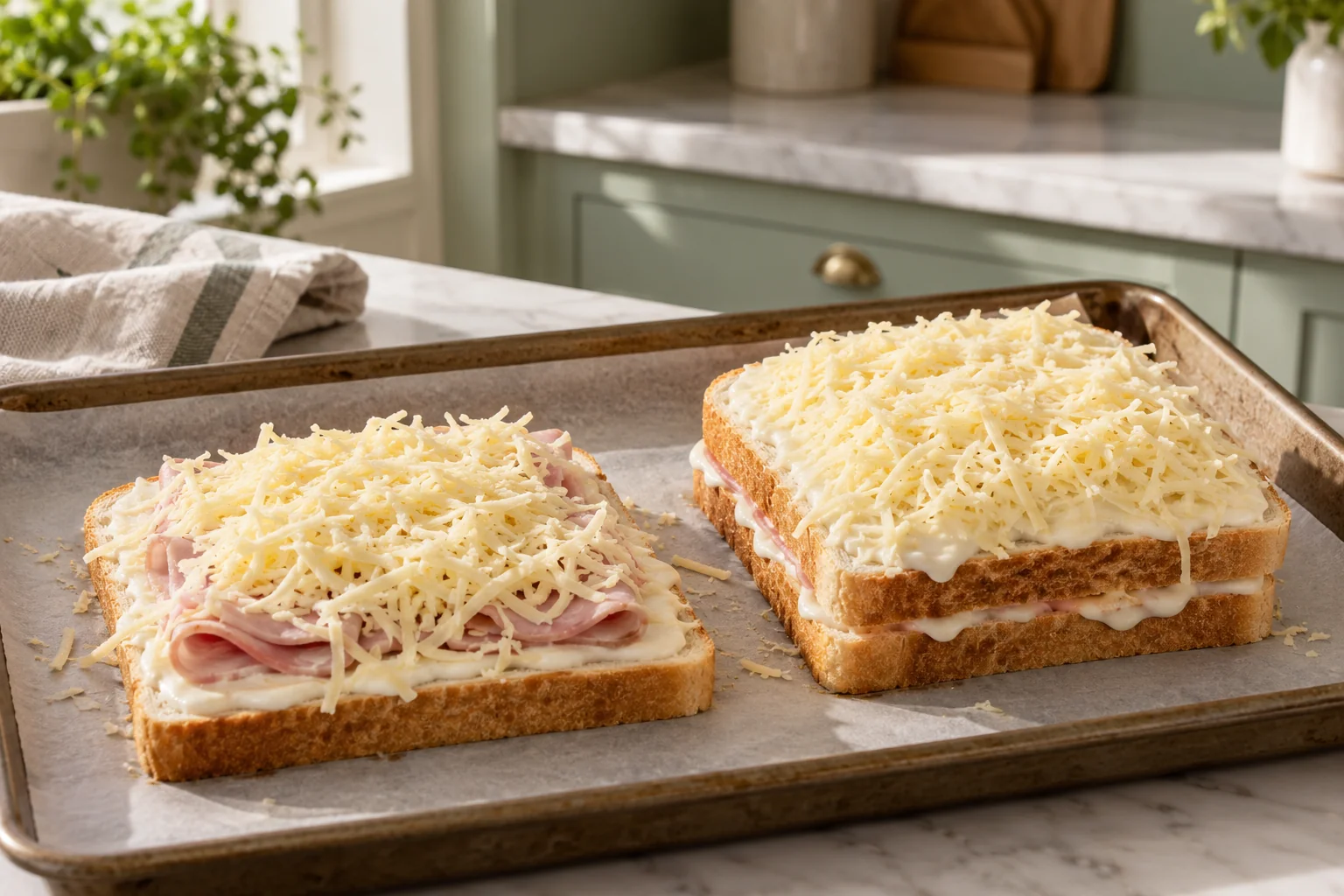 Croque-monsieur ouvert avec jambon et fromage, à côté d’un croque monté avant cuisson
