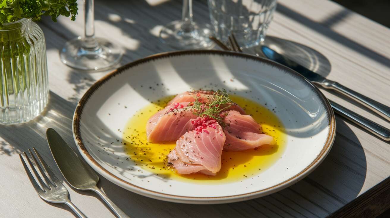 Le secret d'un bon "carpaccio" de daurade, c'est un filet d'huile d'olive et de la fleur de sel
