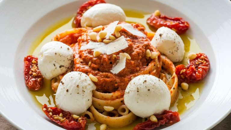 15 minutes pour ce plat de pâtes au pesto rouge et à la mozzarella, un concentré de saveurs italiennes