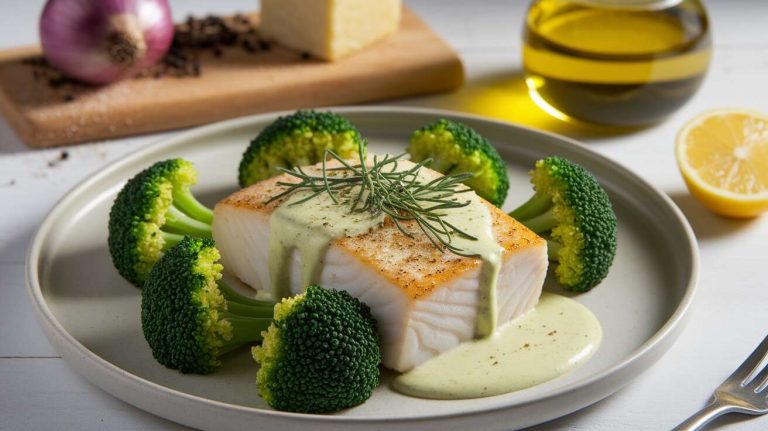 Filets de flétan à la sauce estragon et brocolis