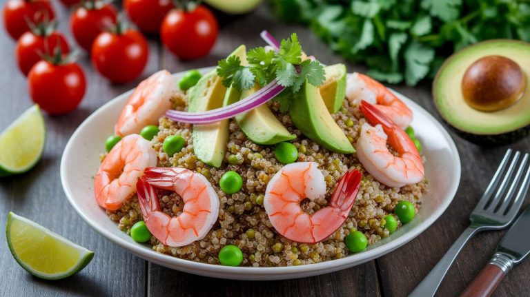 Salade de quinoa aux crevettes, avocat et petits pois : recette facile et savoureuse